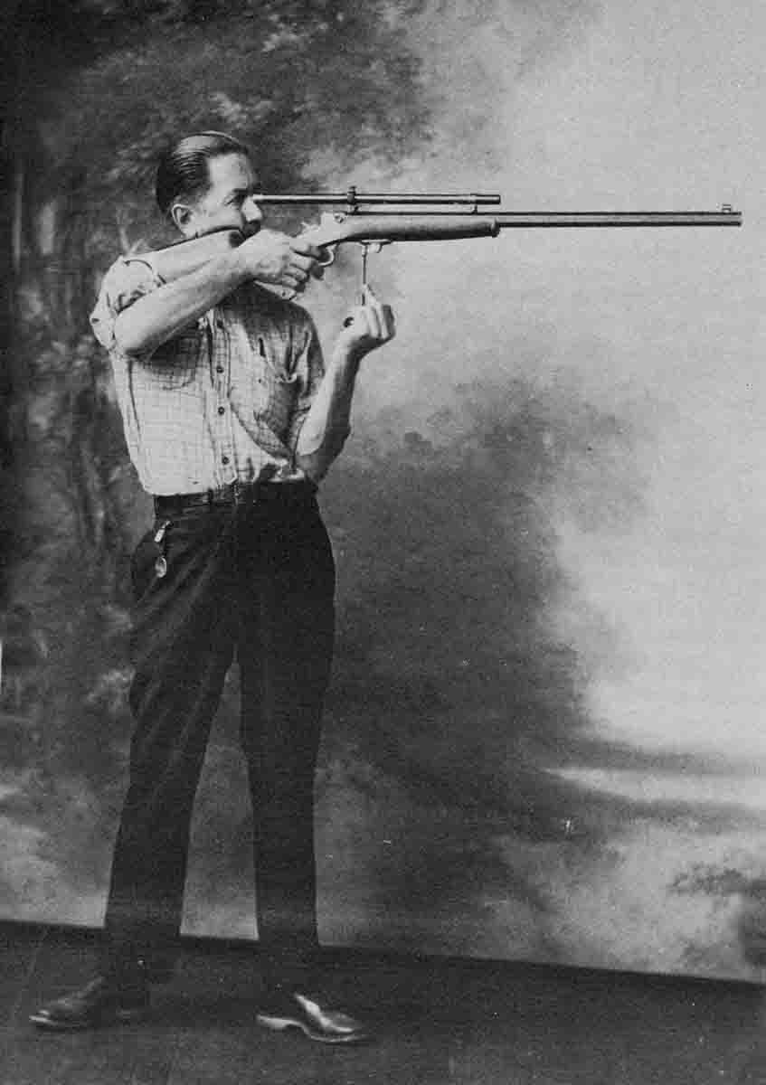 Harvey Donaldson, noted rifleman and author, demonstrating the Schuetzen offhand position using the palm rest. From Yours Truly, Harvey Donaldson, Wolfe Publishing Company.